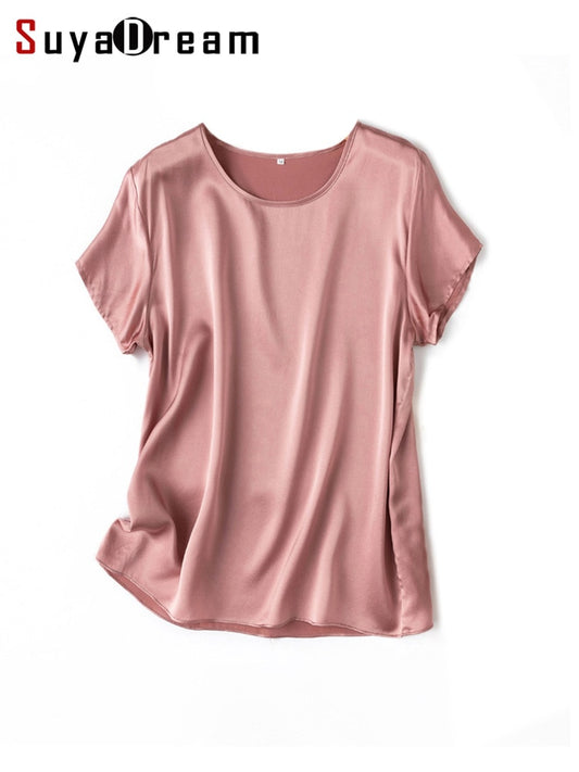 SuyaDream Woman Silk Tee 100%Real Silk Short Sleeved Plain O Neck T Shirt 2022 New Summer Top