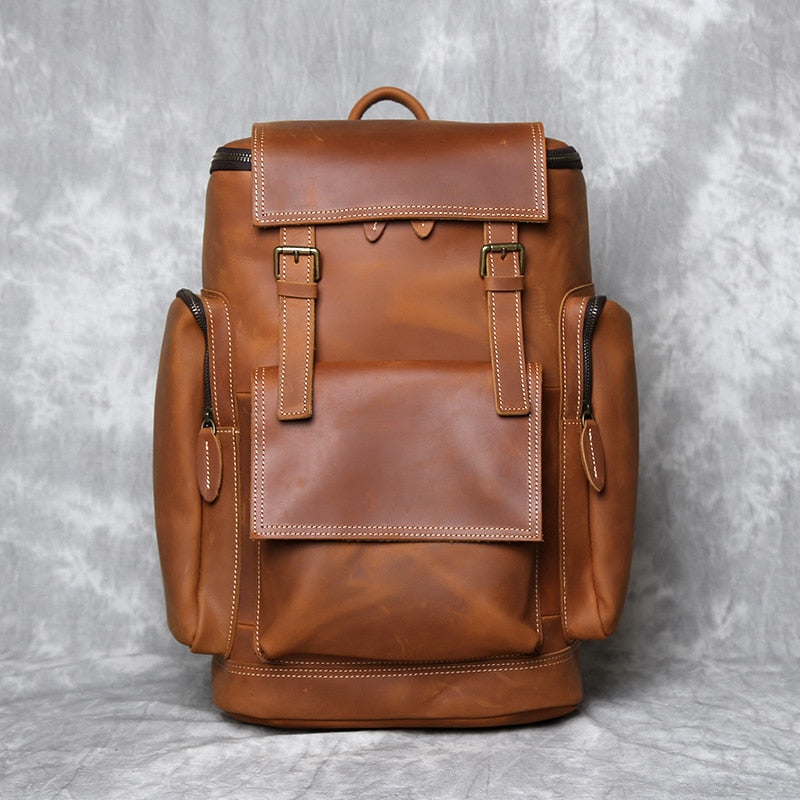 NZPJ Retro Genuine Leather Men&#39;s Backpack First Layer Leather Travel Backpack Large Capacity Natural Cowhide  Laptop Bag