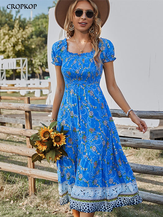 Summer Floral Long Dress Women Casual Ruffle Blue Short Sleeve Holiday Beach Dress Elegant Square Collar Midi Party Dresses 2022