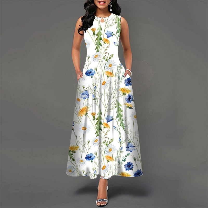 Bohemian Floral Printing Hollow Out Elegant Dresses For Women Large Swing Sexy High Waist Maxi Party Slim Tank Sleeveless Dress