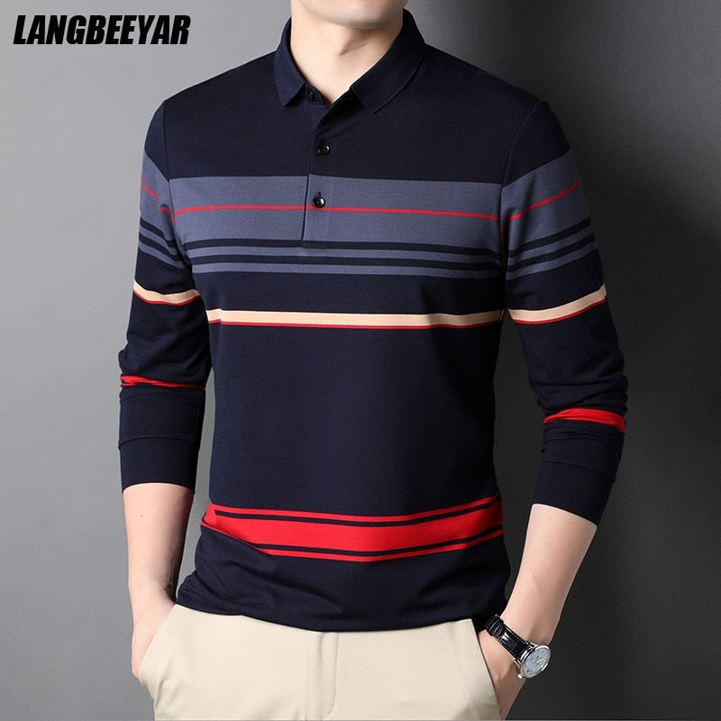 Top Grade New Fashion Designer Brand Simple Mens Polo Shirt Trendy With Long Sleave Stripped Casual Tops Men Clothes