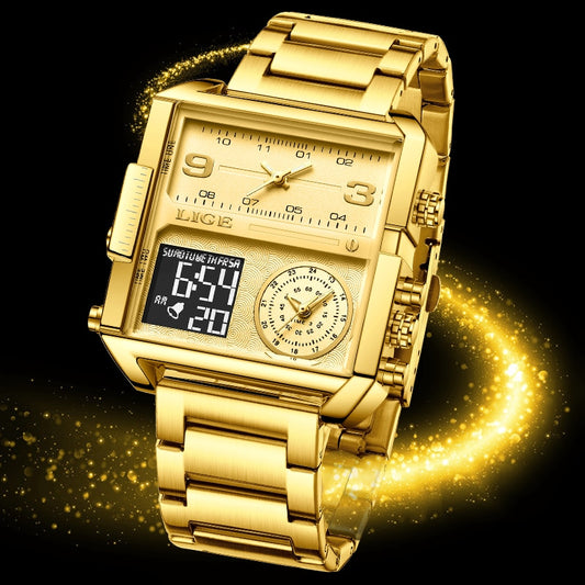 LIGE New Top Brand Luxury Fashion Men Watches Gold Steel Sport Square Digital Analog Big Quartz Watch for Man relogio masculino