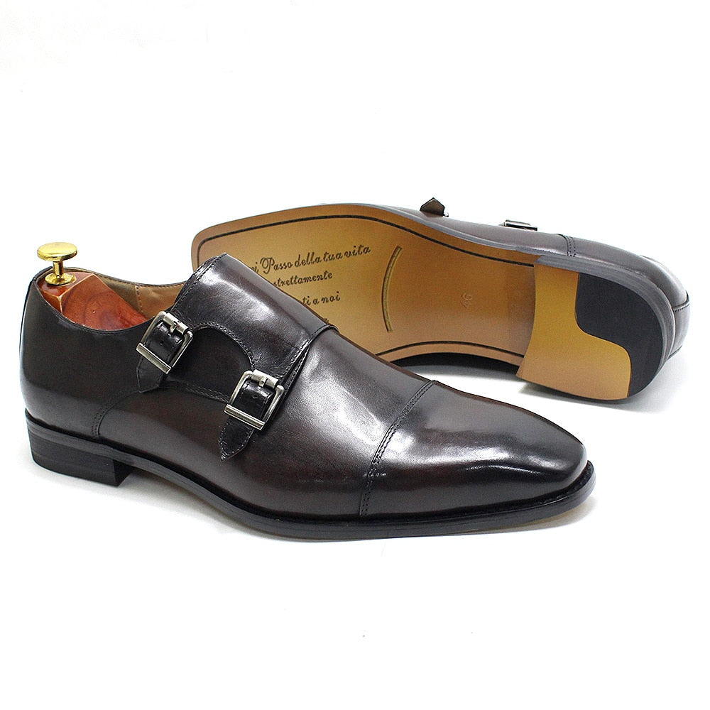Luxury Men&#39;s Genuine Leather Formal Shoes Classic Double Buckle Monk Strap Cap Toe Business Office Dress Shoes Male Wedding Shoe