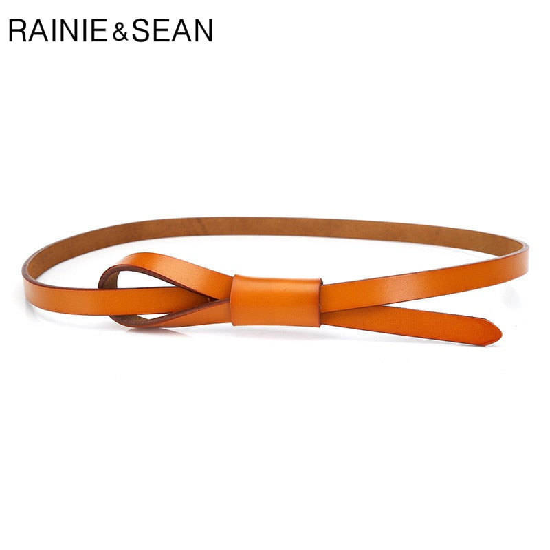 RAINIE SEAN Thin Real Leather Women Belt Korean Casual Ladies Knot Belts for Dresses Autumn Camel Self Tie Strap Accessories