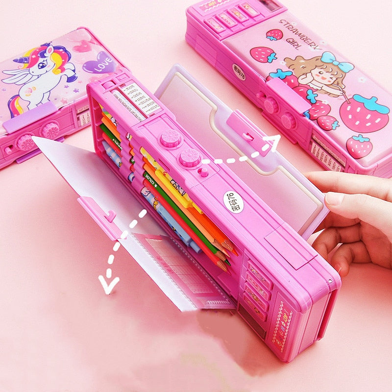 Mechanical deformation combination lock stationery box girl cute pencil case school student pencil box Cartoon plastic pen case