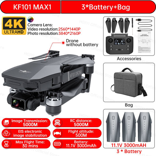 HGIYI KF101 Max Drone 4K Professional 5G WIFI Dron HD EIS Camera Anti-Shake 3-Axis Gimbal Brushless Motor RC Foldable Quadcopter