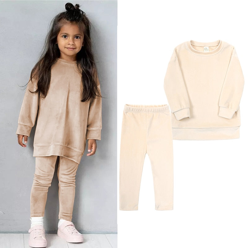 2023 Spring Kids Girl Velvet Suit Long Sleeve Pants Solid Clothes For Infant Toddler Boy Pullover Sweatshirt Set Teenage Outfits