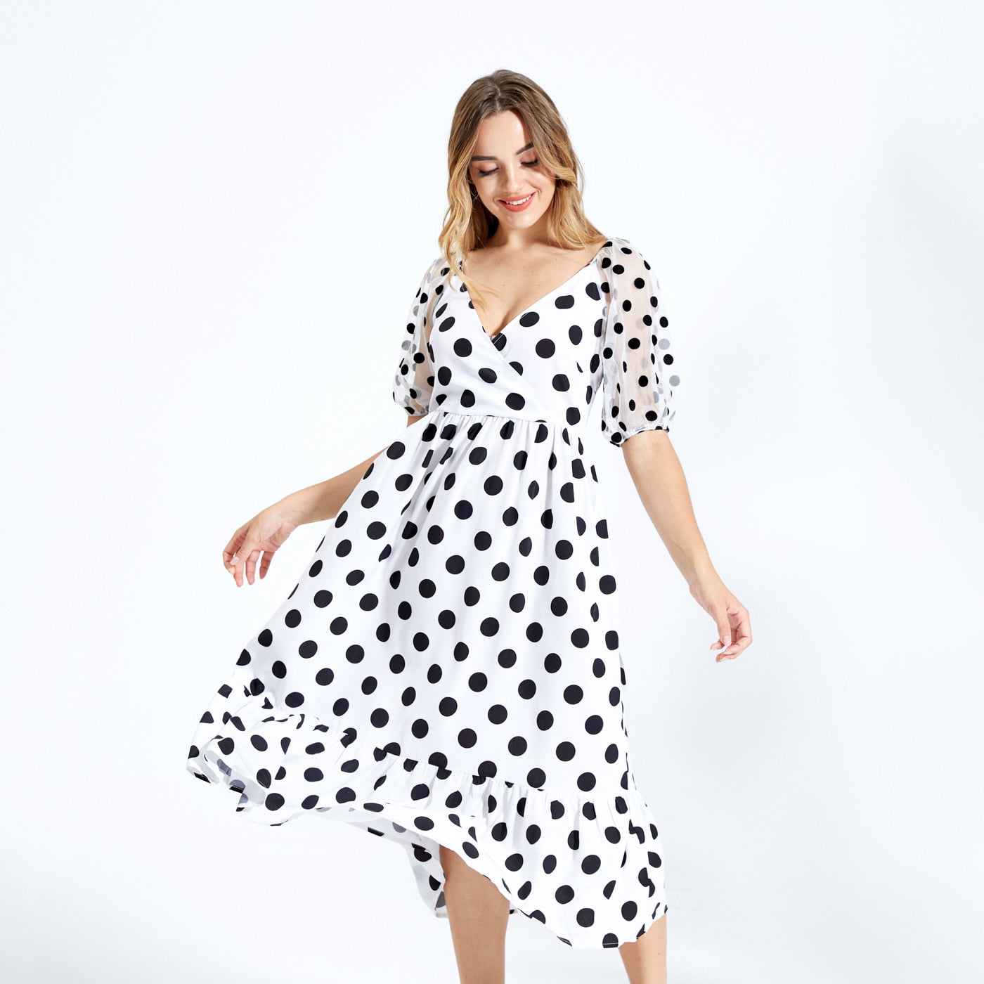 PatPat Black &amp; white Polka Dot Cross Slant V-neck Mesh Puff Sleeves Ruffle Skirt Matching Midi Dresses for Mother and Daughter