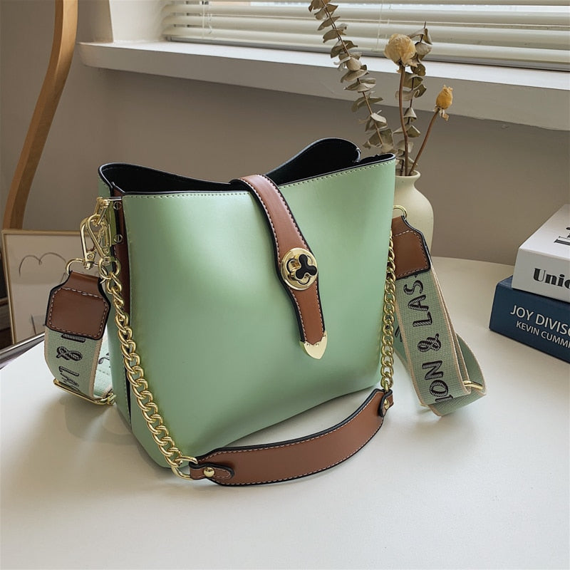 Small Women Bucket Shoulder Bags Contrast Color Leather Ladies Messenger Bag Broadband Crossbody Bags Casual Designer Handbags