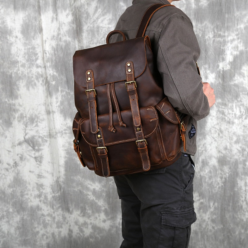 Retro Leather Men&#39;s Backpack Top Layer Cowhide Travel Backpack Large Capacity School Bag Crazy Horse Leather Laptop Bag NZPJ