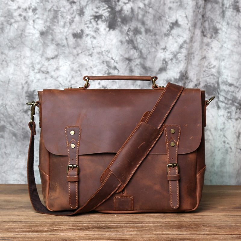 Retro Leather Men&#39;s Handbag Top Layer Leather Horizontal Computer Bag Crazy Horse Leather Men Casual Shoulder Messenger Bag NZPJ