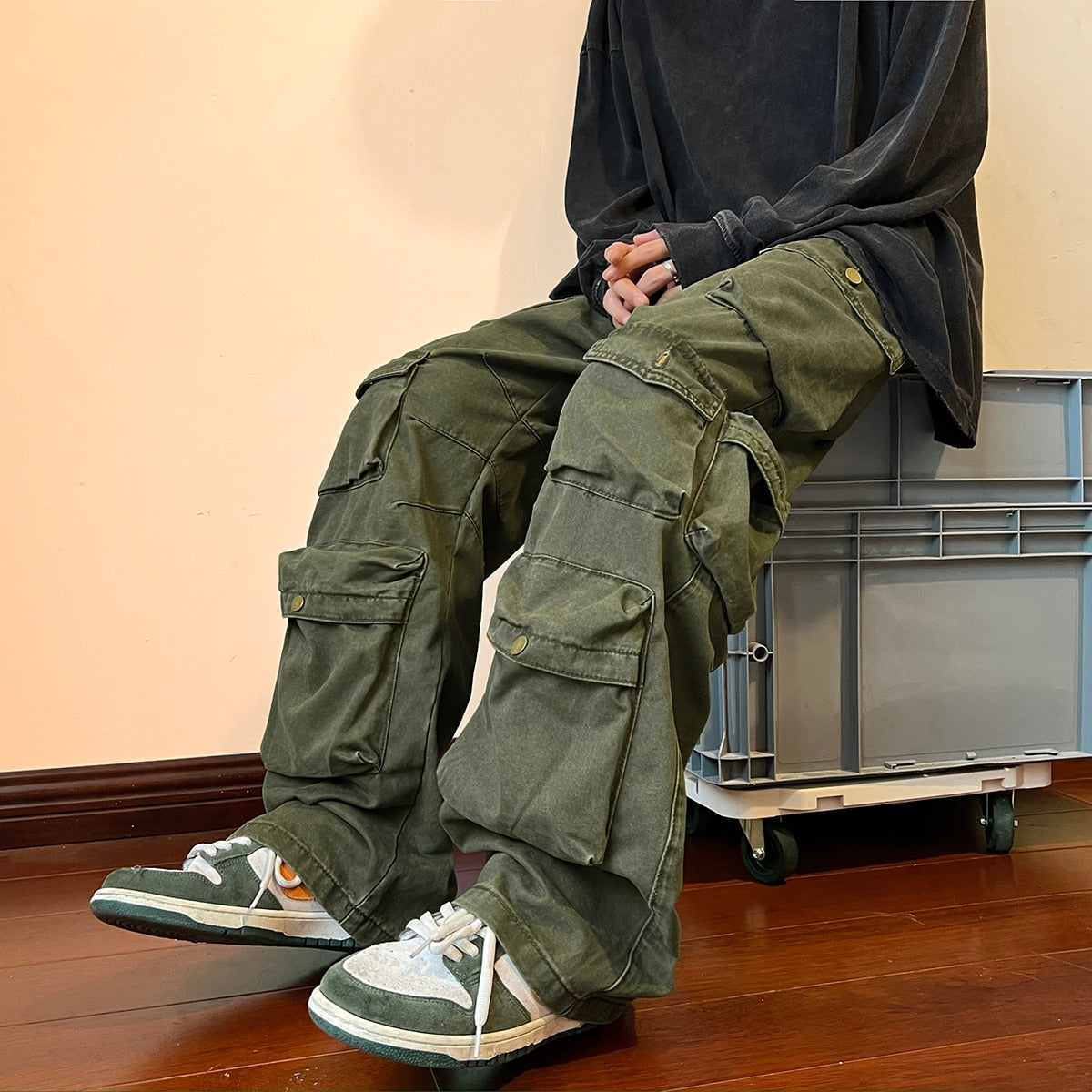 Cargo Pants Multi-pockets Tooling Pant Men, Vintage Loose Wide Leg Pants Streetwear, Casual Hip-hop Mopping Trousers