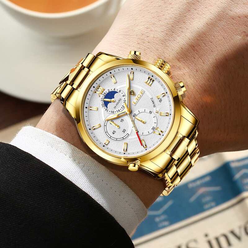 2023 LIGE Business Gold Watch For Men Luxury Original Waterproof Stainless Steel Golden Male Wristwatches Relogio Masculino 2022