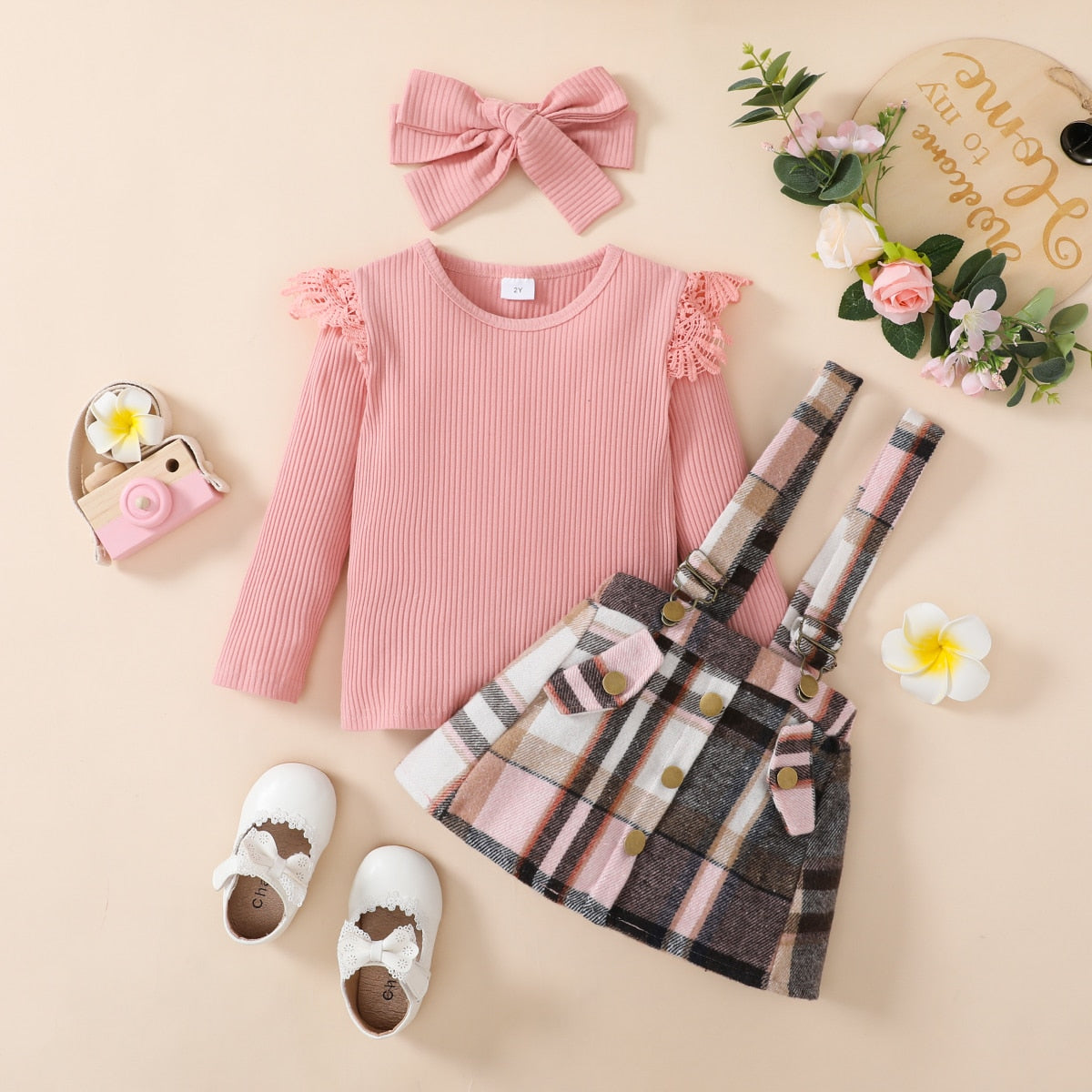 PatPat 3pcs Toddler Girl Sweet Ruffled Ribbed Tee &amp; Adjustable Plaid Suspender Skirt and Headband Set