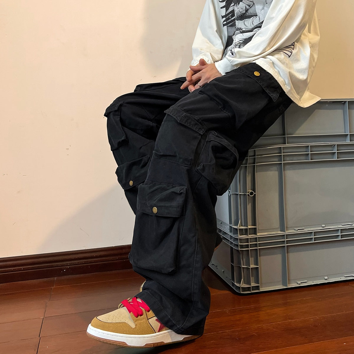 Cargo Pants Multi-pockets Tooling Pant Harajuku Men&#39;s Vintage Loose Wide Leg Pants Streetwear Casual Hip-hop Mopping Trousers