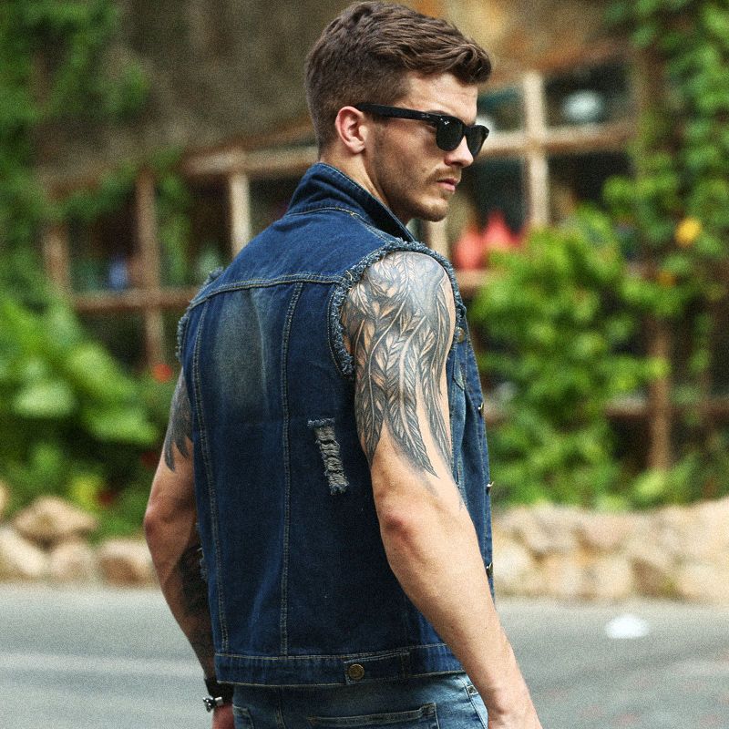 2022 Men&#39;s Denim Vest Retro Washed Slim Sleeveless Cowboy Motorcycle Jacket Street Hip Hop Fashion Casual Jean ClothesSummer