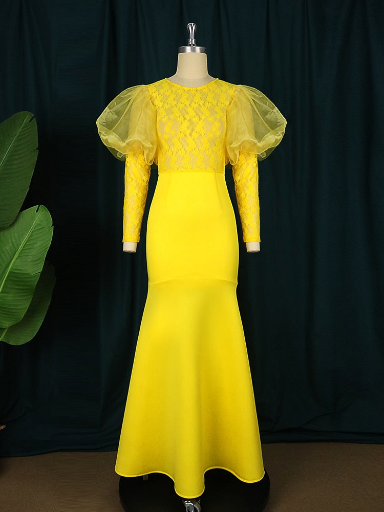 Yellow Lace Evening Party Dresses Women Puff Long Sleeve See Through High Waist Long Mermaid Prom Gowns Homecoming Big Size 4XL