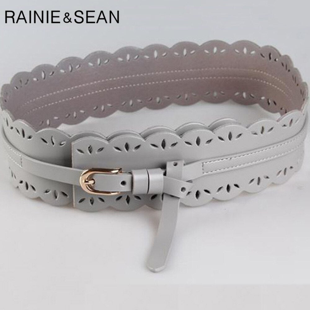 RAINIE SEAN Leather Cummerbund Women Elegant Wide Solid Wine Red Belt Cummerbunds Female Corset Ladies Broadband Waist Belts