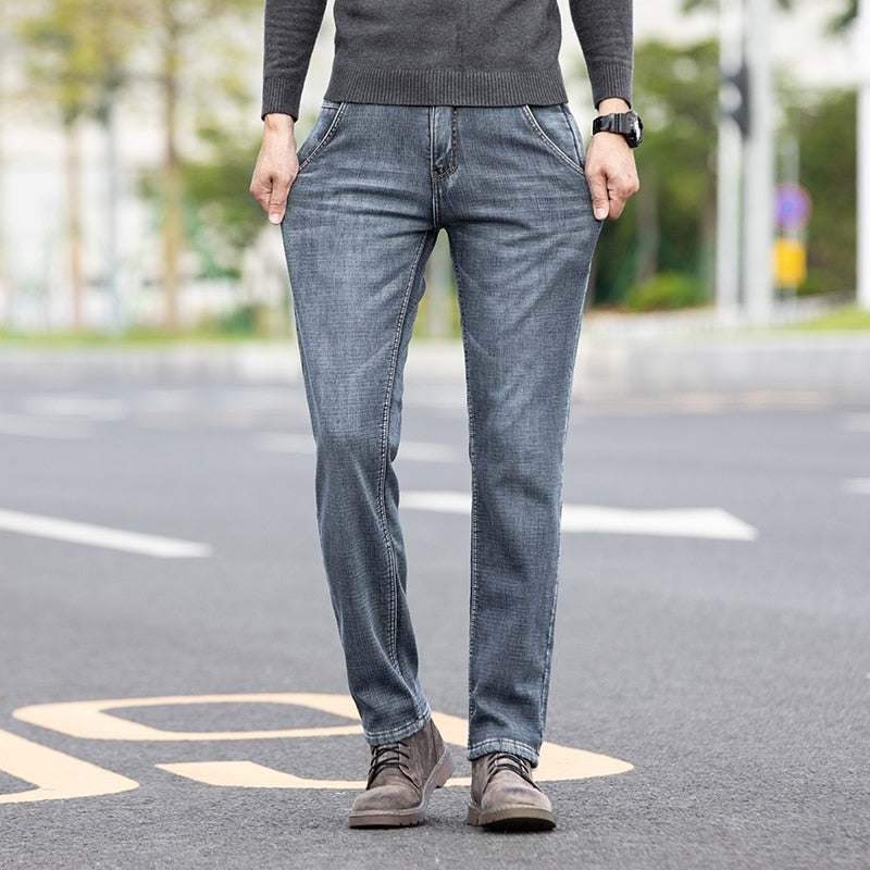 2022 Winter New Men Blue Grey Fleece Thick Jeans Zippered Pocket Design Cargo Jeans Trendy Denim Warm Pants Male Brand Trousers