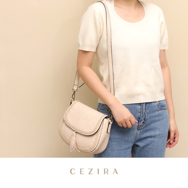 CEZIRA Bohemia Style Vegan Leather Saddle Bags Women Vintage Causal Braid Tassel String Flap Snap Messenger Shoulder Handbags