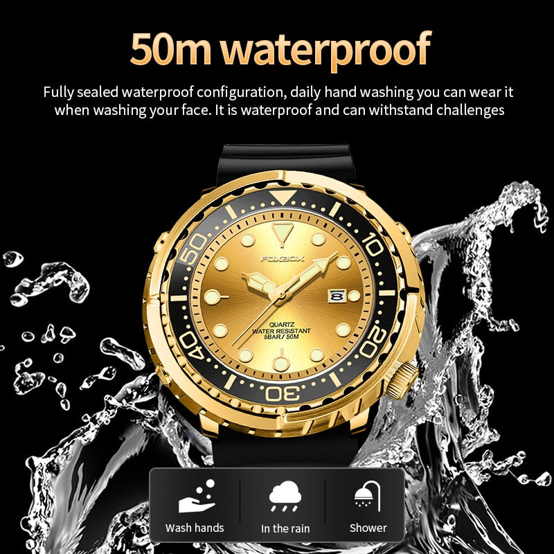 FOXBOX New Gold Fashion Watches Men Sports Silicone Watch Men  50M Waterproof Watches Golden Wristwatches Male Relogio Masculino