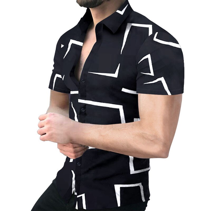 Summer Men&#39;s Luxury Black White Striped Printed Hawaii Casual Shirts 2022 Summer Men Clothing Cardigan Short Sleeve Dress Shirt