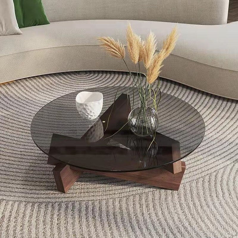 Nordic Living Room Coffee Tables Modern Design Wood Round Coffee Table Black Glass Center Mesas Bajas Minimalist Furniture Home