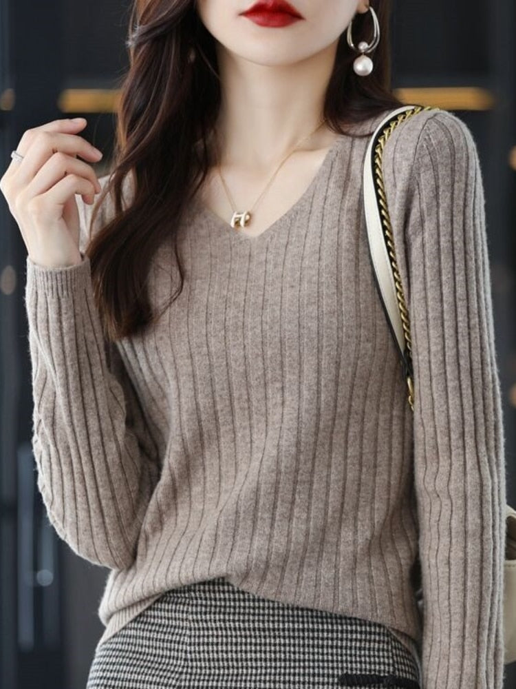 Women Sweater Long Sleeve Top Knitted Pullover V-Neck Fashion Sweater Woman Winter 2022 Basic Female Clothing Soild OL Sweaters