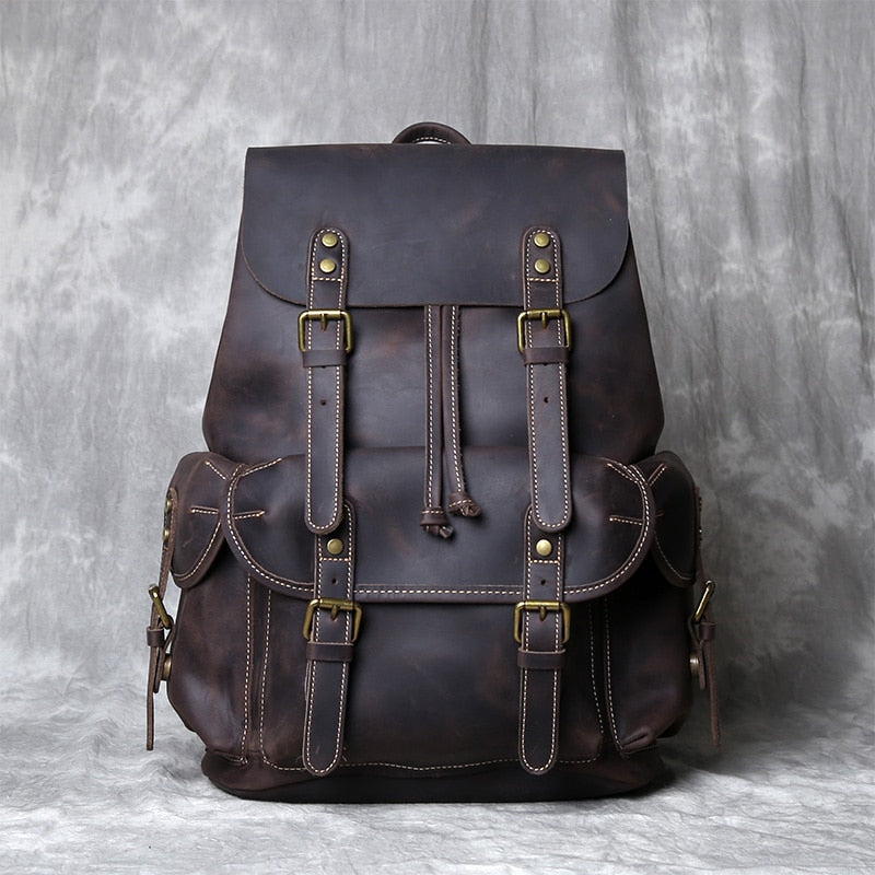 Retro Leather Men&#39;s Backpack Top Layer Cowhide Travel Backpack Large Capacity School Bag Crazy Horse Leather Laptop Bag NZPJ