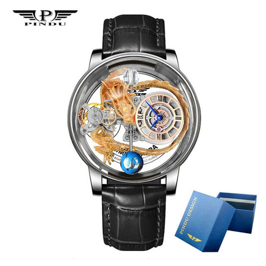 PINDU DESIGN 2023 Latest Fully Transparent Hollow Design Celestial Quartz Watch Men Waterproof Leather Man Wristwatch Relogio