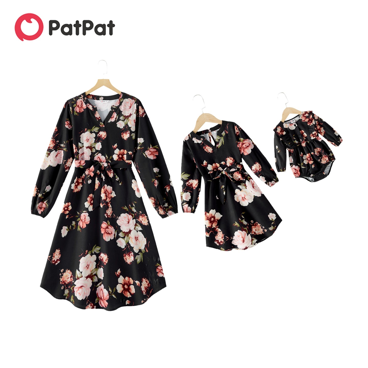 PatPat Mommy and Me Allover Floral Print Black Notch Neck Belted Long-sleeve Dresses