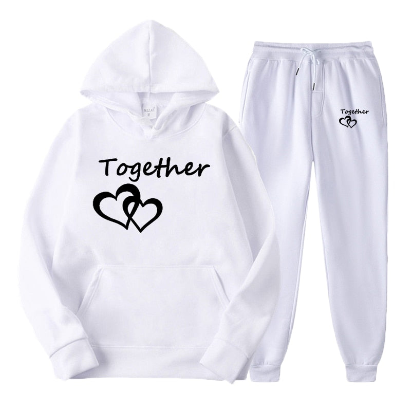 Fashion Men and Women Unisex Couple Sportwear Set Lover Forever Together Printed Hooded Suits Set Hoodie and Pants Streetwear