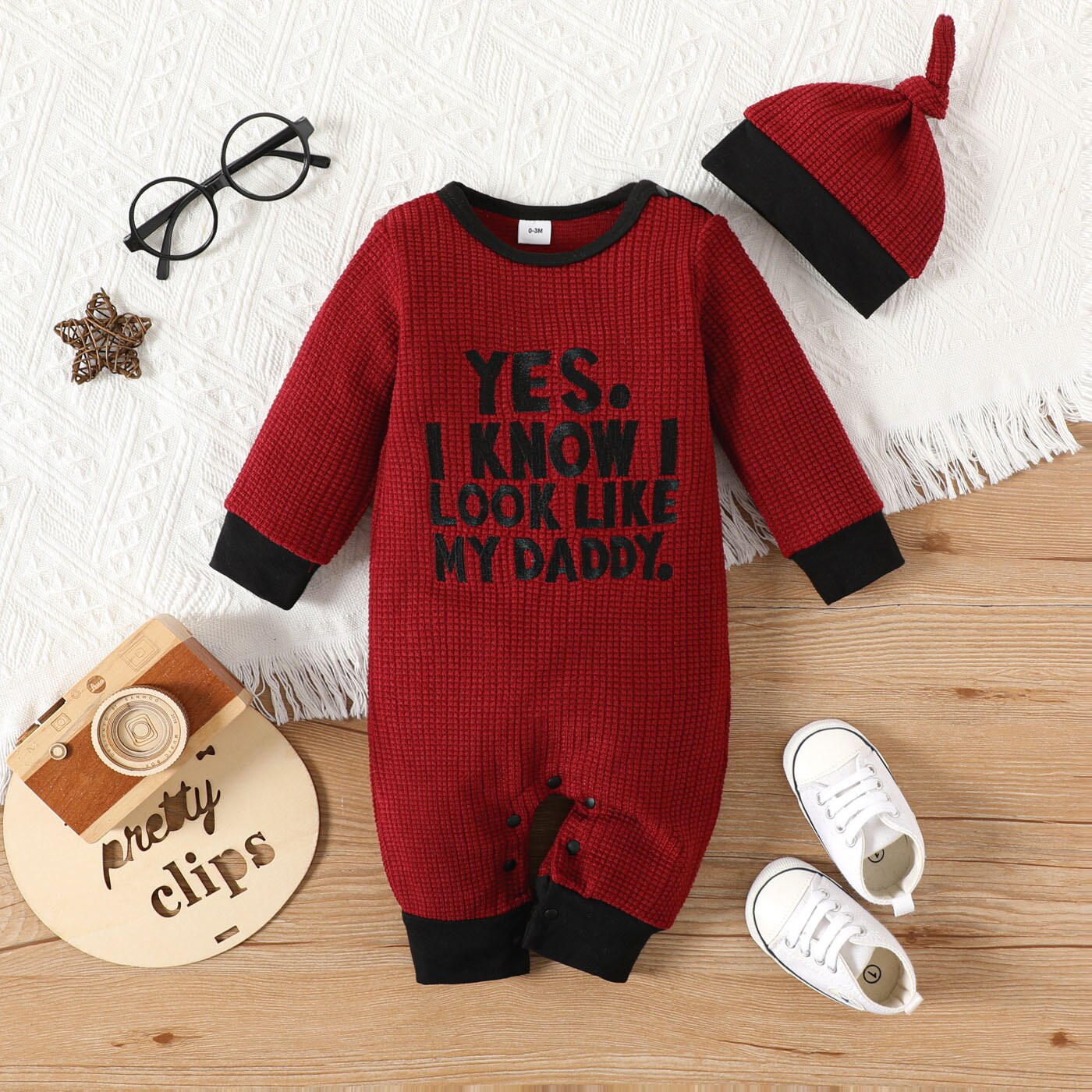 PatPat 2pcs Baby Boy/Girl Letter Embroidered Long-sleeve Knitted Jumpsuit with Hat Set