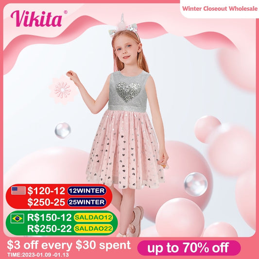 VIKITA 3-8 Years Kids Girls Sleeveless Sequined Floral Shiny Princess Casual Tulle Dress for Birthday Party Summer Prom Clothes