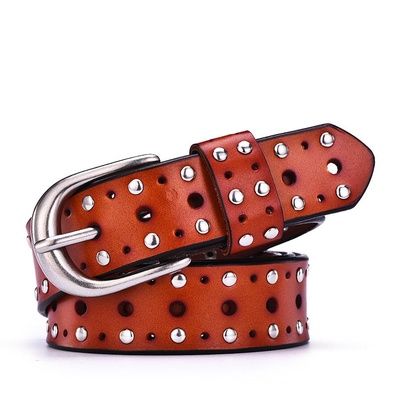 RAINIE SEAN Waist Belts Women Rivet Punk Cowskin Genuine Leather Women Belt Buckle Belts for Women Trousers Ladies Accessories