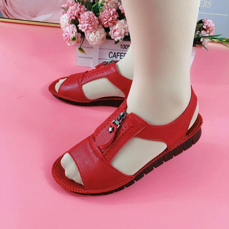 Women Sandals Zipper Flat Soft Pu Leather Sole Comfy Sandalias Summer Casual Mother Shoes Solid Color Plus Size Chaussure Femme