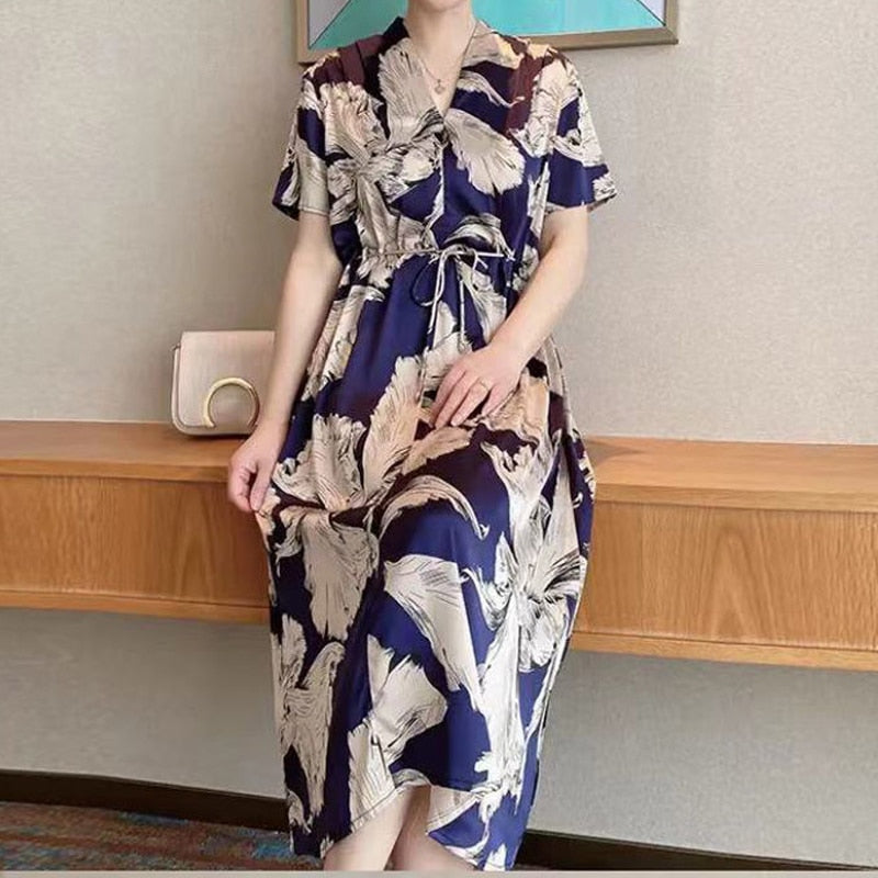 Summer New Print V Neck Knee Length Loose Midi Dress Short Sleeve Sashes High Waist Ladies Dresses Elegant Fashion Women Clothes