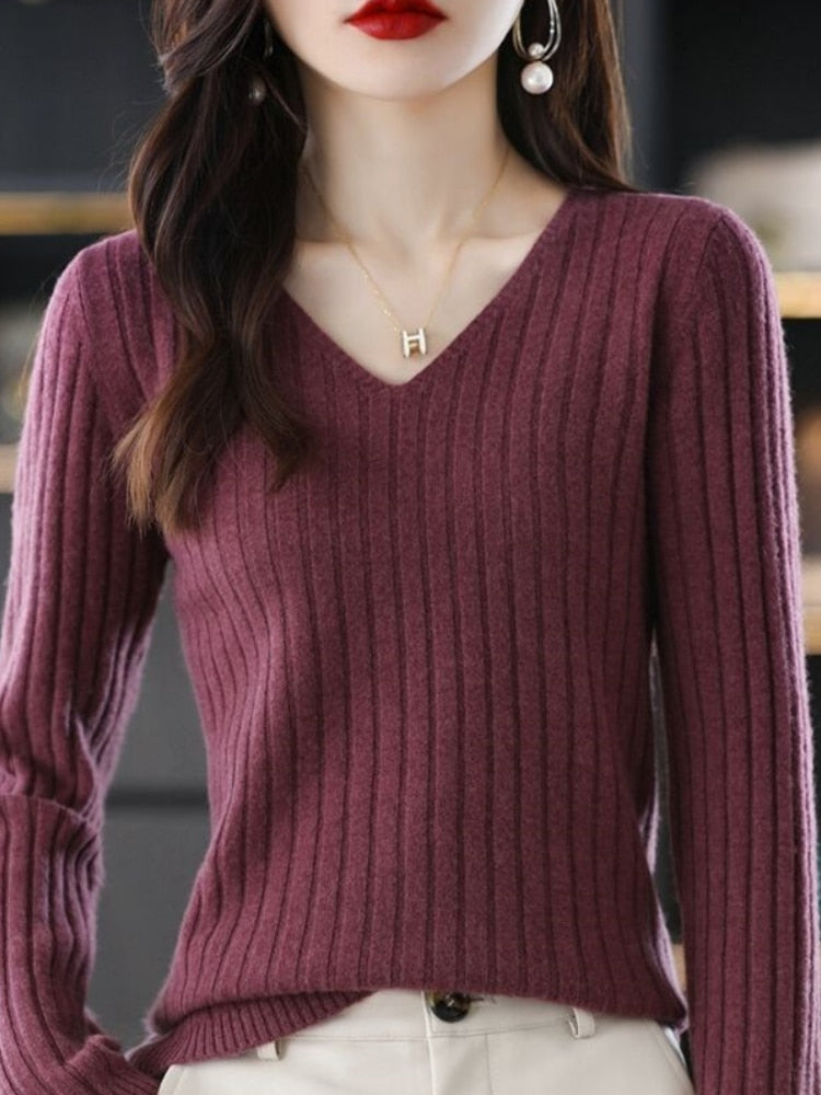 Women Sweater Long Sleeve Top Knitted Pullover V-Neck Fashion Sweater Woman Winter 2022 Basic Female Clothing Soild OL Sweaters