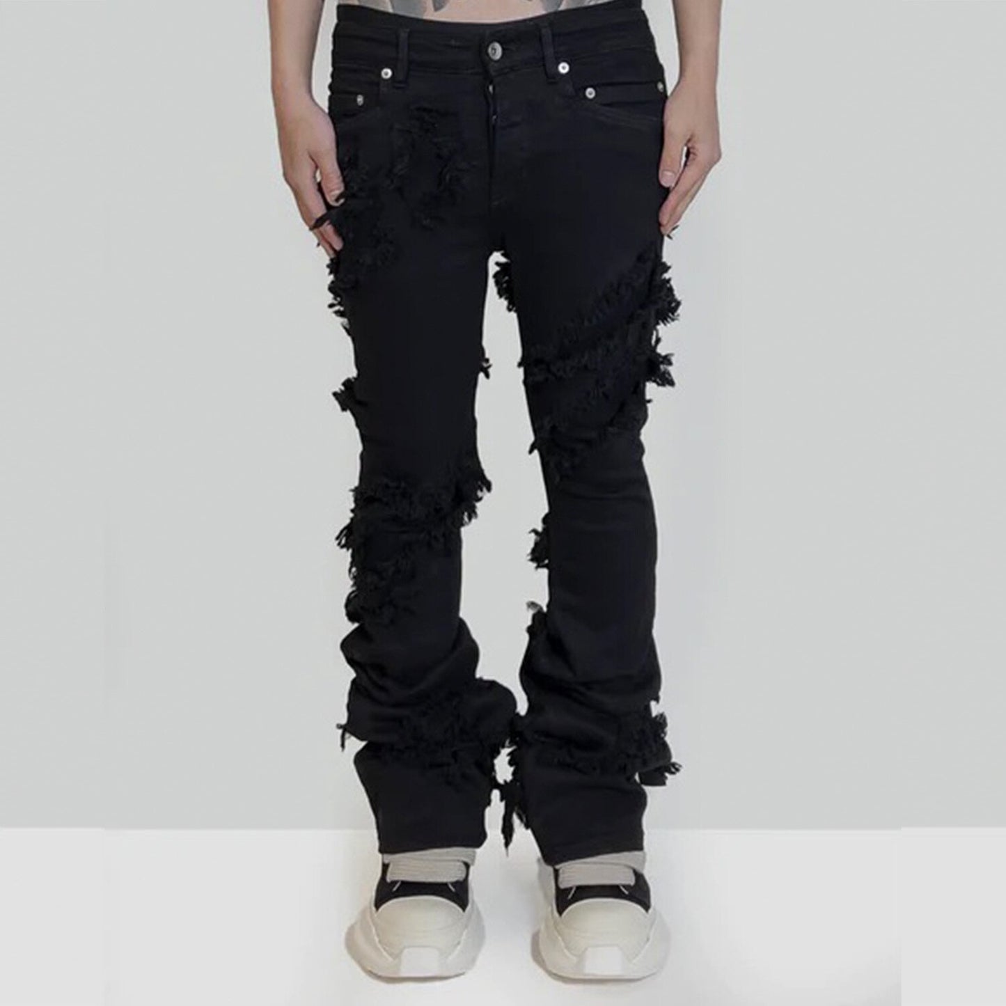 ins dark series washed and distressed raw edge jeans men&#39;s streetwear hip-hop stitching flared pants patchwork jeans