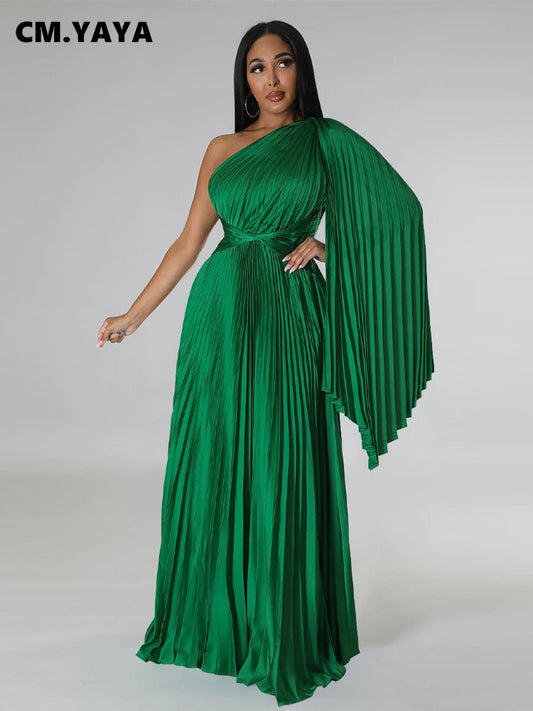 CM.YAYA Vintage Women One Shoulder Clock Sleeve Sashes High Waist Big Swing Pleated Maxi Long Sexy Party Evening Silk Dress 2023