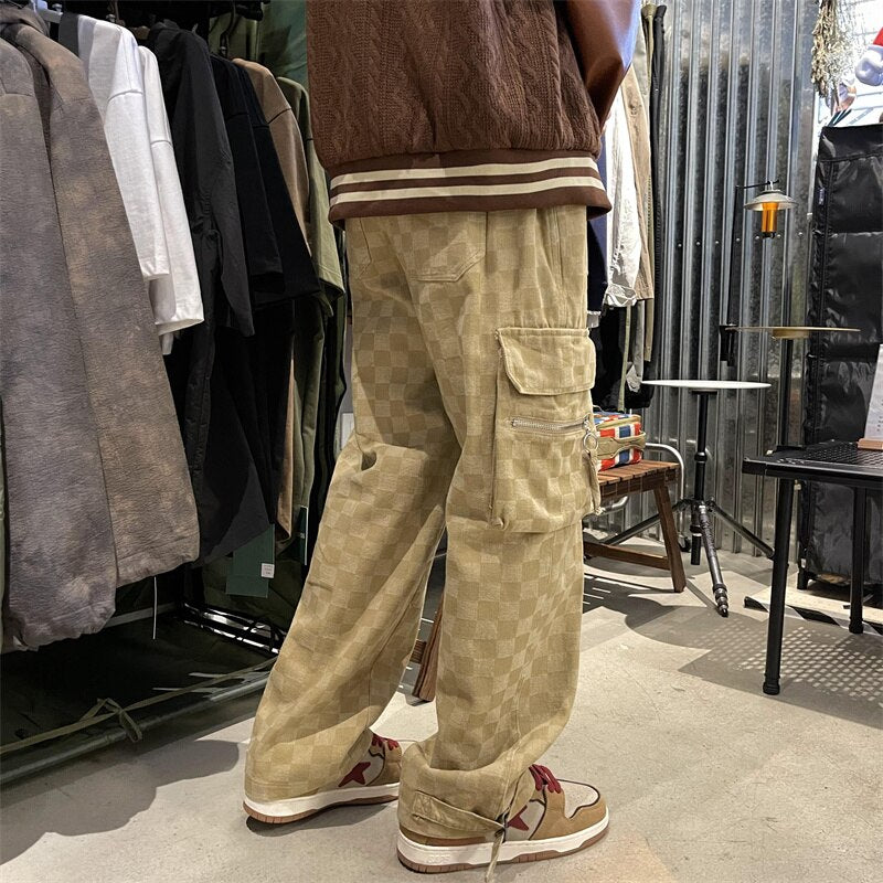 Japanese Men&#39;s Chessboard Checker Jeans Fashion Street Hip Hop Loose Straight Wide Leg Pants Couple Outerwear Pants Red Black