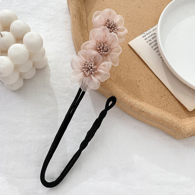 Women Elegant Bud Chiffon Flower Bun Maker Maruko Hairstyle Making Long Tool Sweet Hair Braide Rope Hairbands Korean Accessories