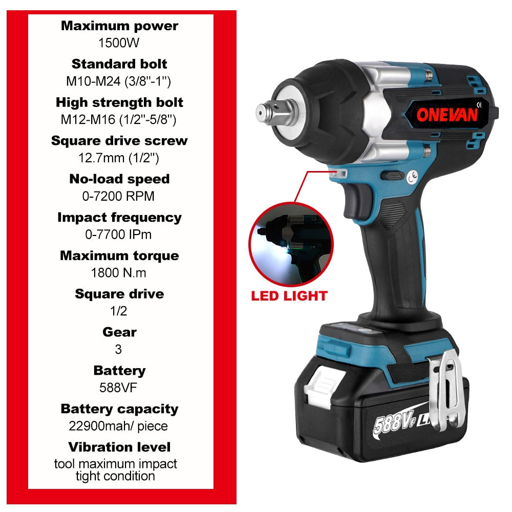 ONEVAN 1800N.M Torque Brushless Electric Wrench 1/2 Inch  Cordless Impact Wrench DTW700 Power Tool For Makita 18V Battery