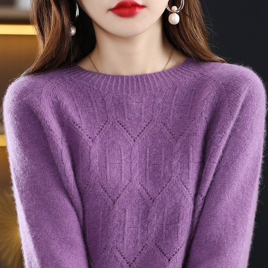 2022 New Knitted Pure Woolen Shirt Round Neck One Line Readymade Garment Hollow Out Loose Slouchy Style Slim Sweater Girl