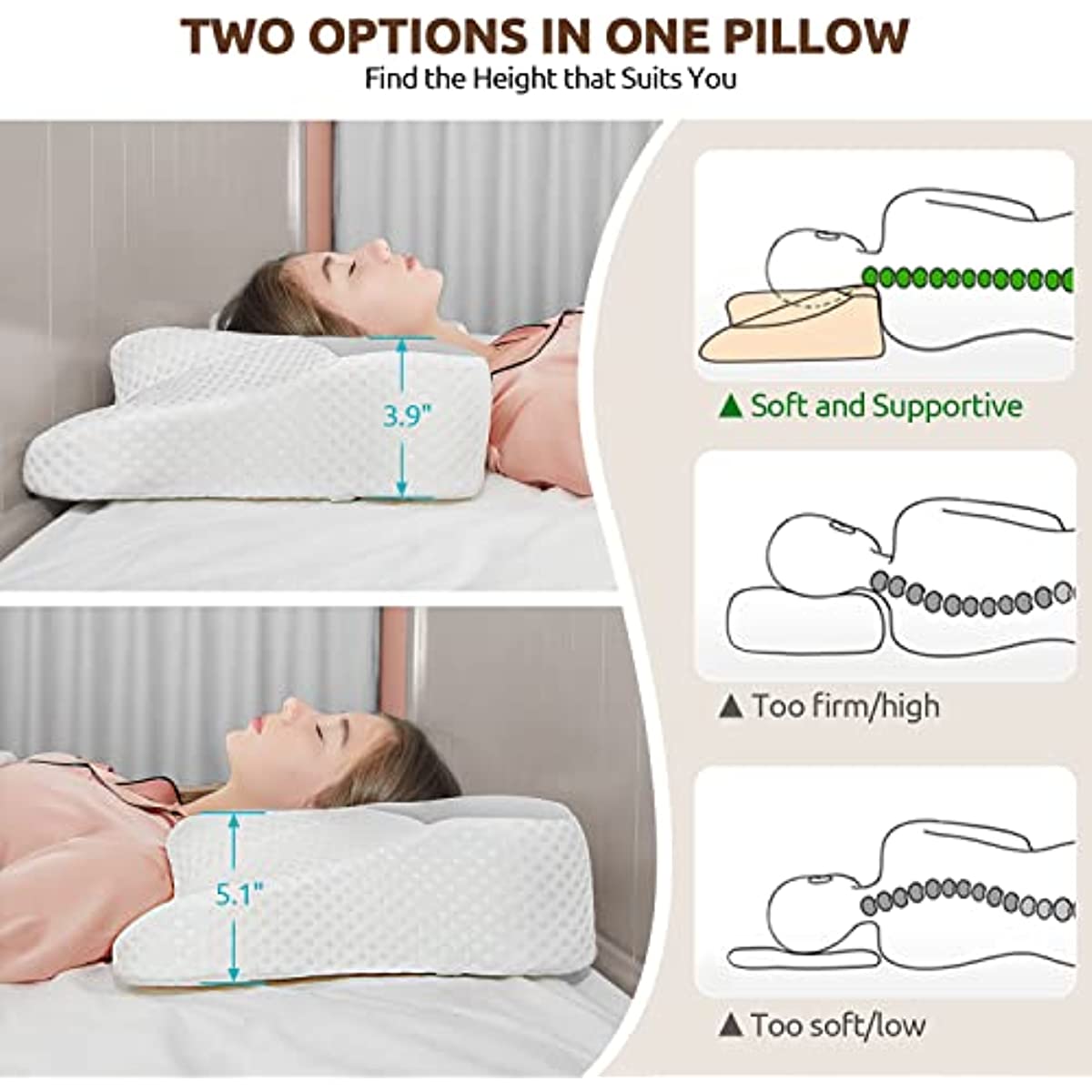 Memory Foam Pillows for Bed with Cooling Pillow Cover Cervical Neck Pillow for Pain Relief Sleeping Adjustable Ergonomic Pillows