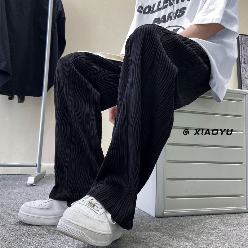 Men&#39;s Fashion Straight Pleated Pants Elastic Waist Casual Pants Men&#39;s Street Loose Ice Silk Wide Leg Pants White Black M-5XL