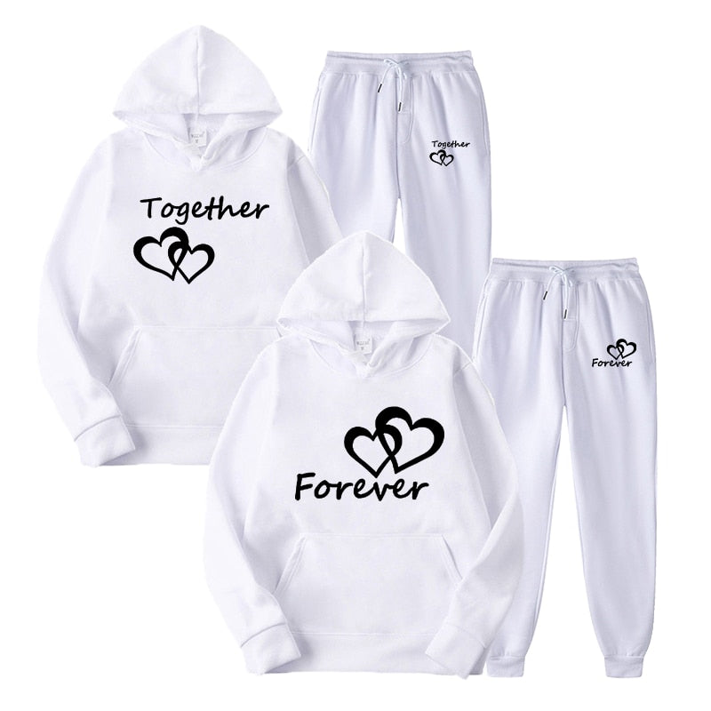 Fashion Men and Women Unisex Couple Sportwear Set Lover Forever Together Printed Hooded Suits Set Hoodie and Pants Streetwear