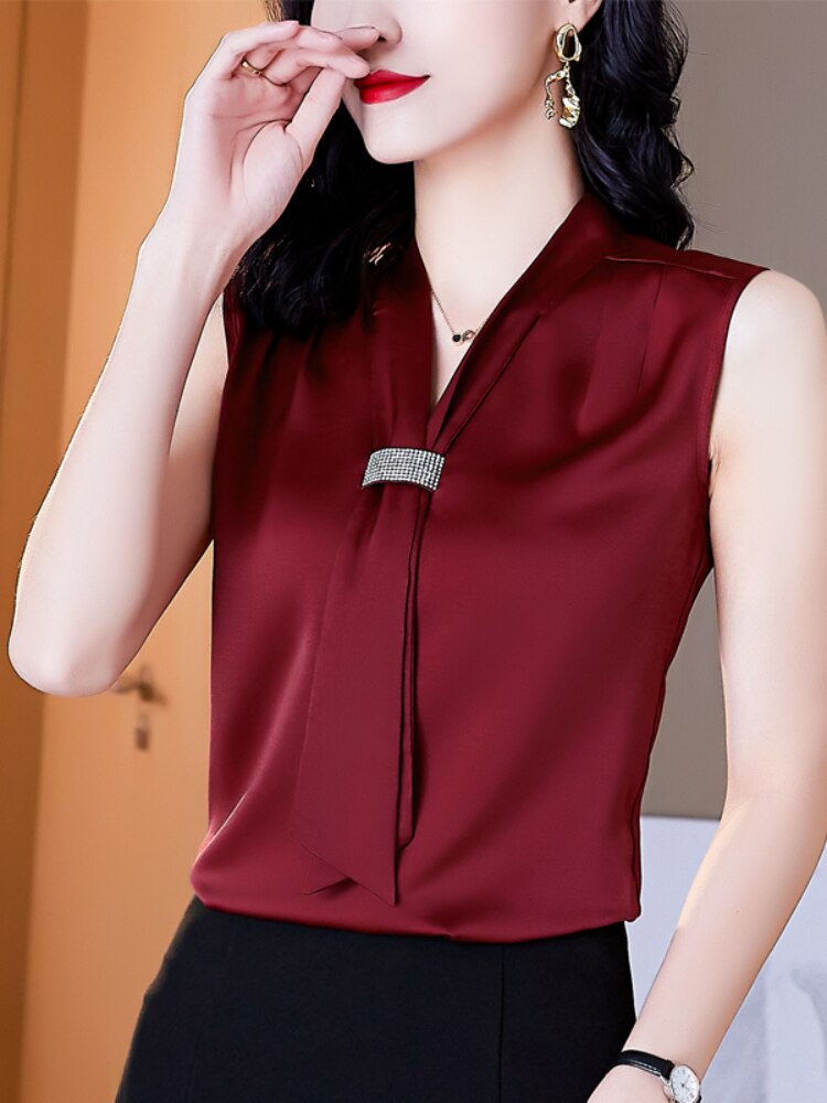 2022 Fashion Summer Satin Blouse V-Neck Sleeveless Womens Tops and Blouses Diamonds OL Women Clothing Chiffon Solid Ladies Tops