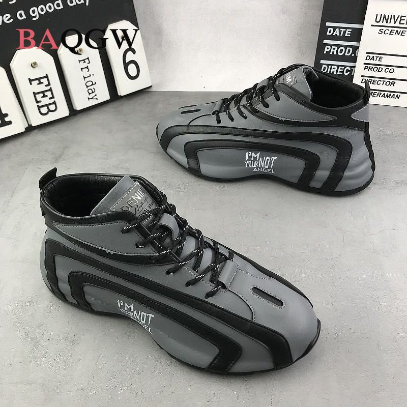 Autum Winter Striped Design High Top Men Shoes Casual Fashion Leather Waterproof Chunky Sneakers Increased Platform Running Shoe