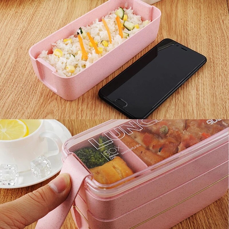 Kitchen Microwave Lunch Box Wheat Straw Healthy Material 3 Layer Japanese Bento Box Food Container Kids School Office Dinnerware